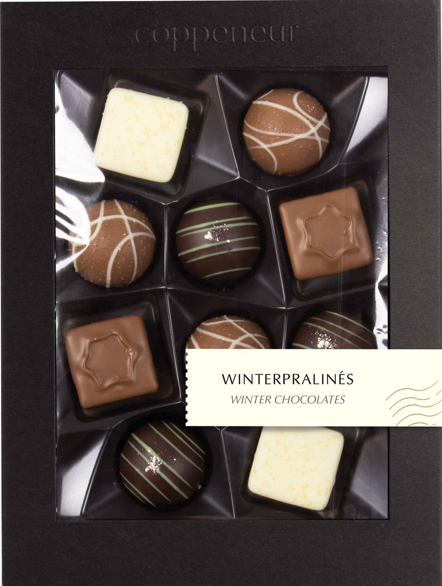 Coppeneur Dark, Milk, and White Chocolate Winter Pralines (10 pralines with & without alcohol)