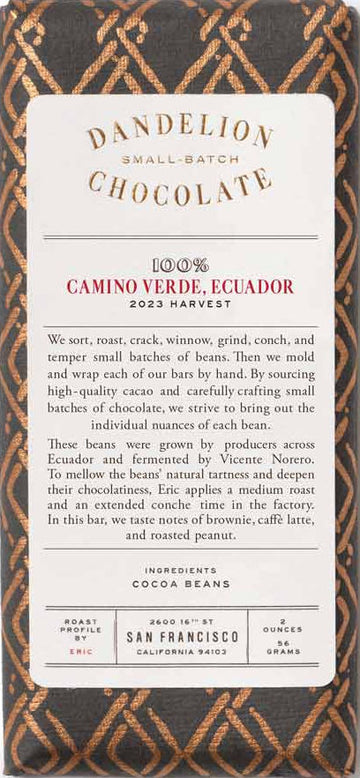 Dandelion Camino Verde Ecuador 100% Dark Chocolate