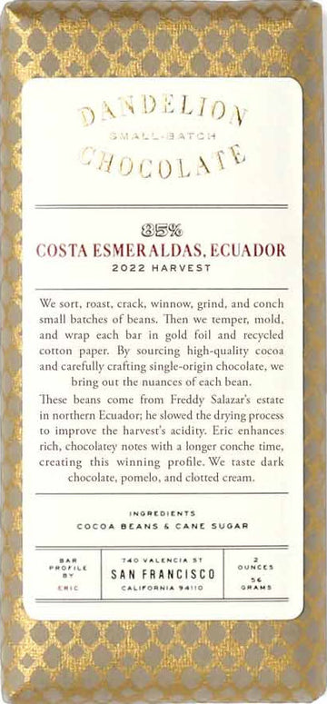 Dandelion Costa Esmeraldas Ecuador 85% Dark Chocolate