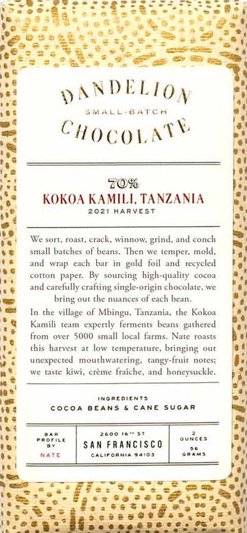 Dandelion Kokoa Kamili Tanzania 70% Dark Chocolate