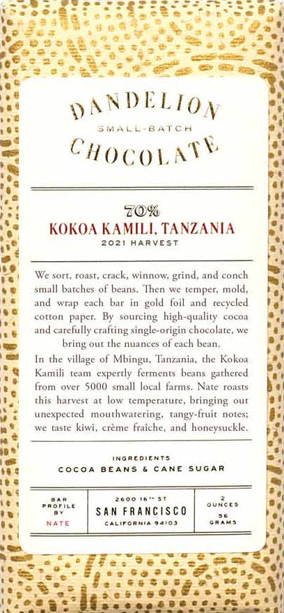 Dandelion Kokoa Kamili Tanzania 70% Dark Chocolate