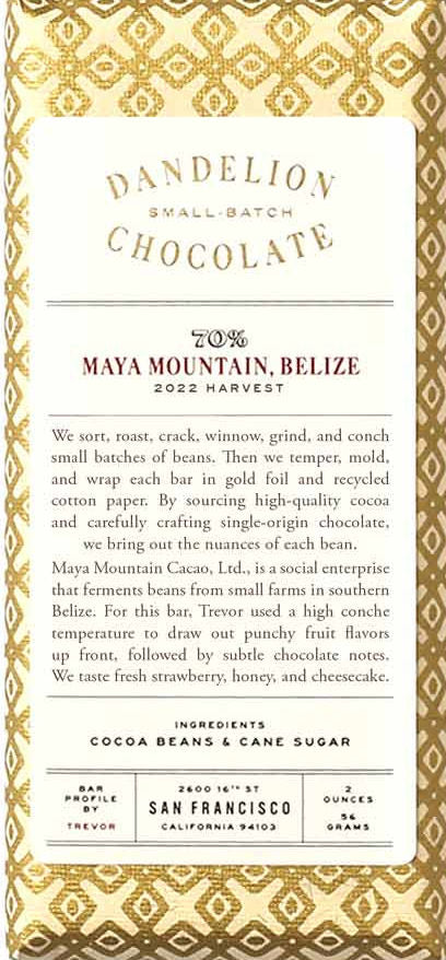 Dandelion Maya Mountain Belize 70% Dark Chocolate