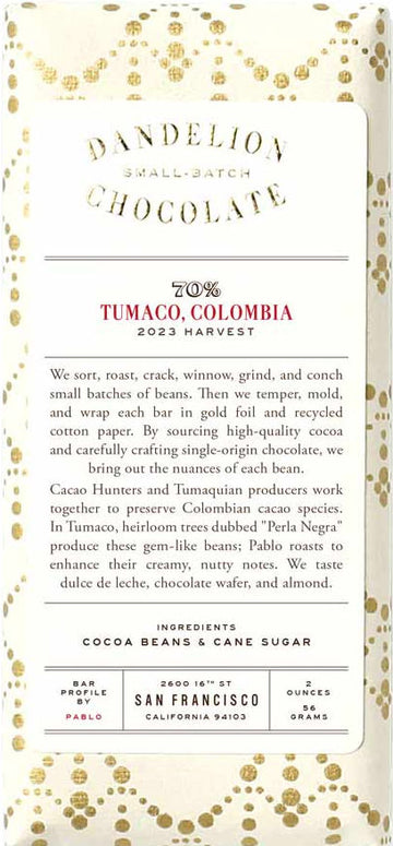 Dandelion Tumaco Colombia 70% Dark Chocolate