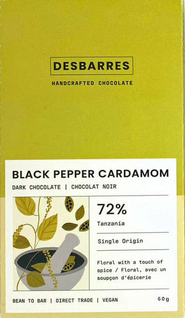 Desbarres Tanzania 72% Dark Chocolate with black pepper and cardamom